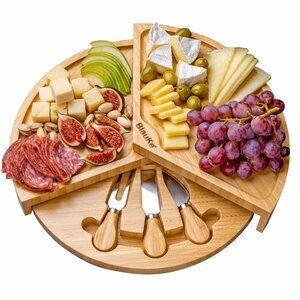 Bamboo Cheese Board and Knife Set - 14 inch Round Charcuterie Board Serving Tray